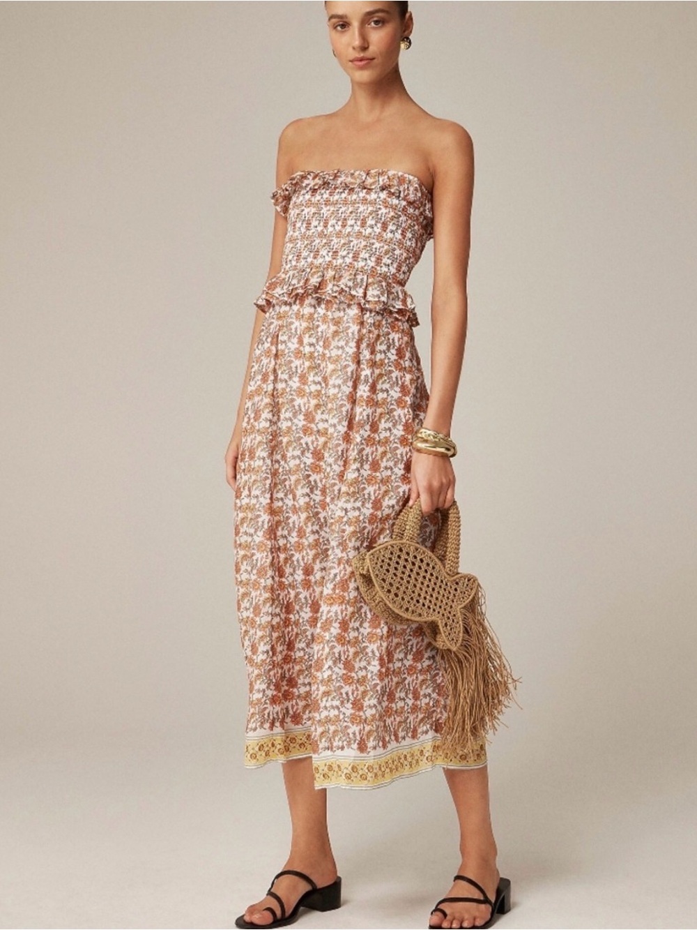 JCrew Ravenna Strapless Smocked Midi Dress in Sunset Rose Floral